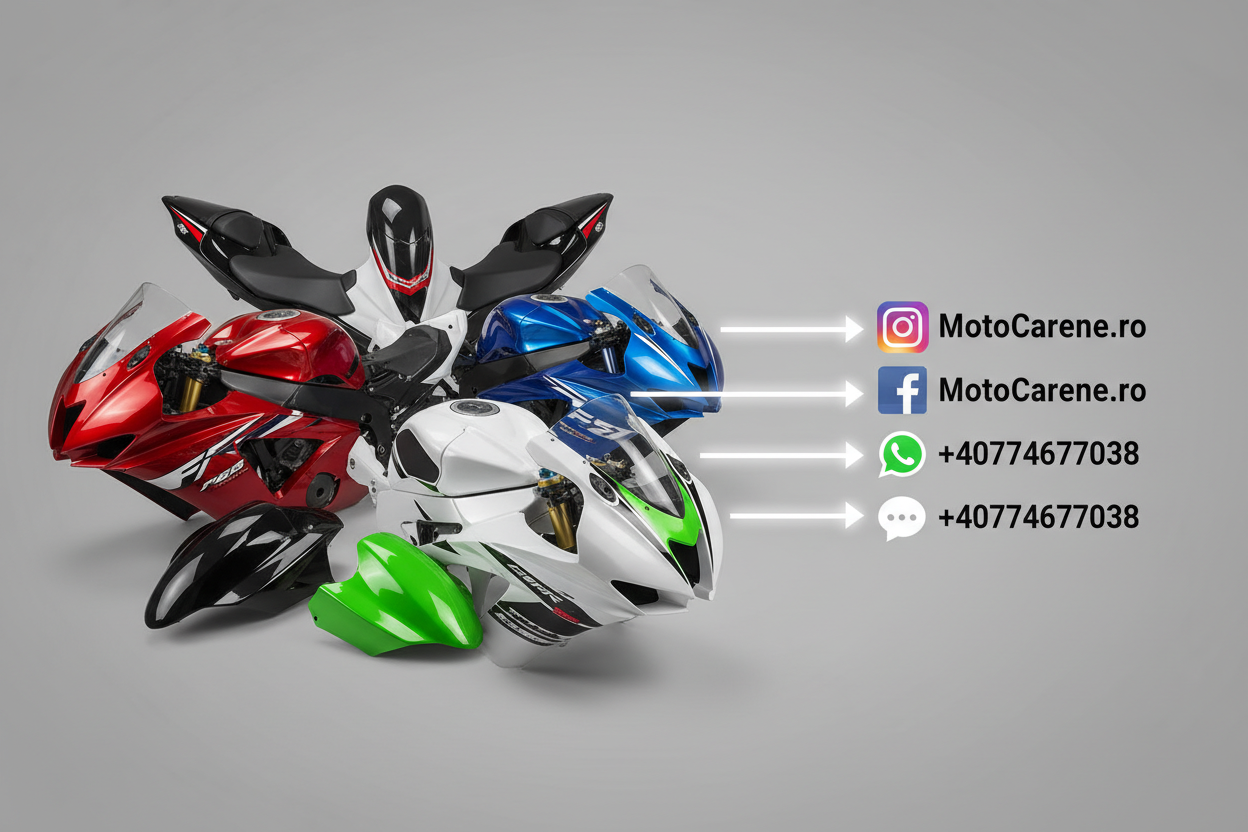 genereaza o imagine cu diferite carene moto de diferite branduri si culori cu sageti care indica catre sigla instagram si facebook cu numele pe social media MotoCarene.ro si whatsapp si sms cu numarul +40774677038